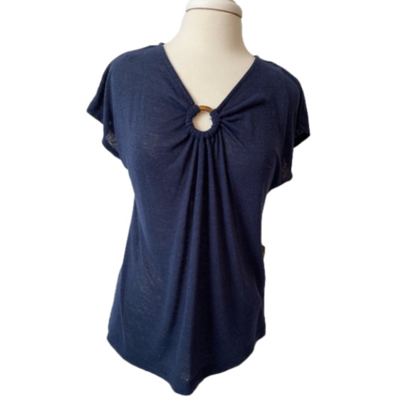 Zac & Rachel NWT Women's M Navy Blue O Ring Cut Out Linen Blend Short Sleeve Top - Picture 1 of 12